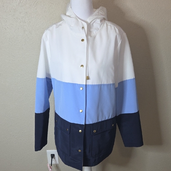 crown & ivy Jackets & Blazers - Crown & Ivy Medium Blue and White Hooded Rain Jacket